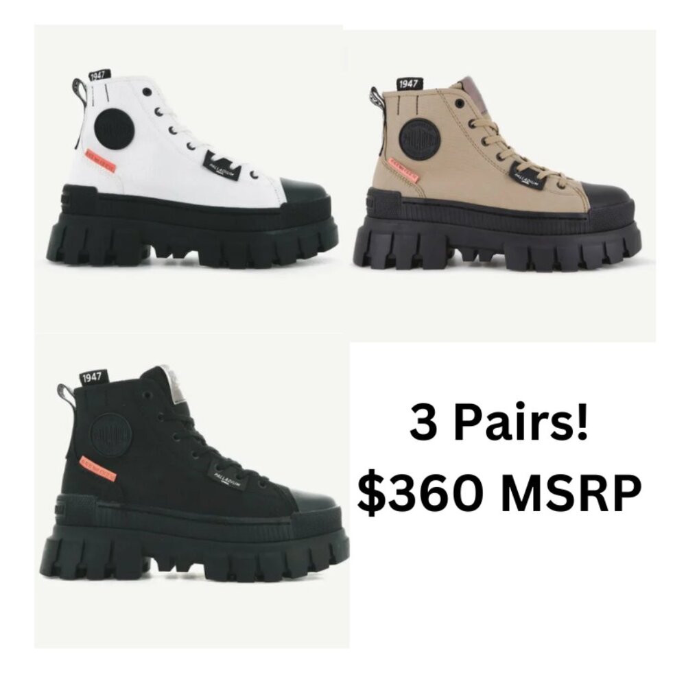 3 pair Palladium Women's Chunky Sole Sneakers in White, Tan, and Black - Picture 6 of 6